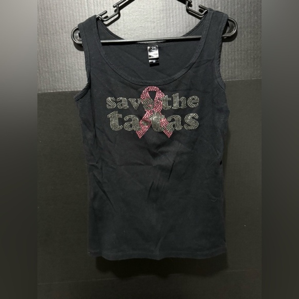 🎋‘Save the Tatas’ Black w/Pink & Silver Gems Breast Cancer Tank Top